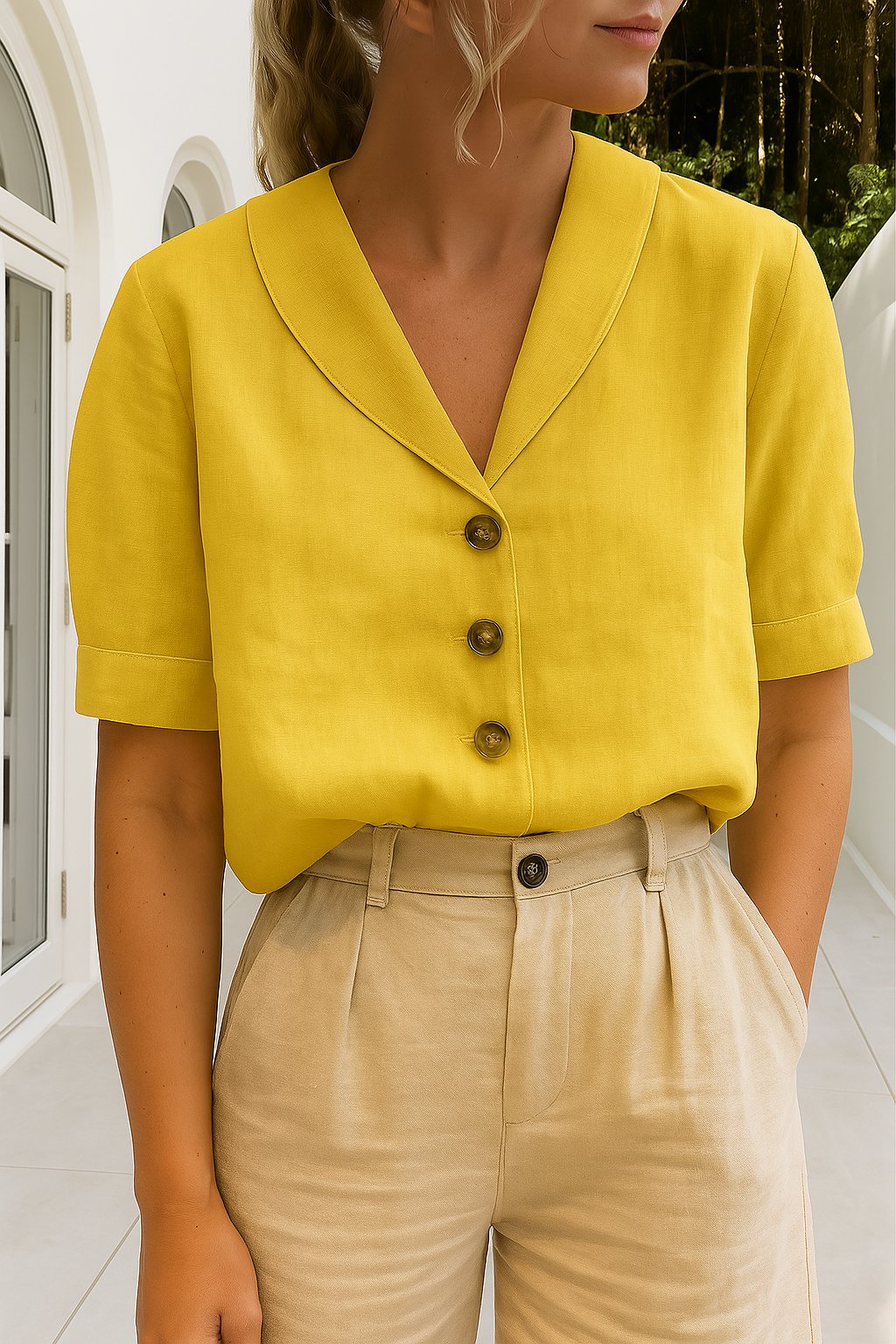 Damen T-Shirt Knopfdetails | Baumwolle-Leinen Side