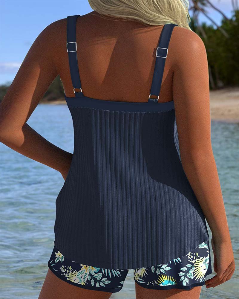 Damen Tankini-Set Gerippte Front | Blumenmuster Detail