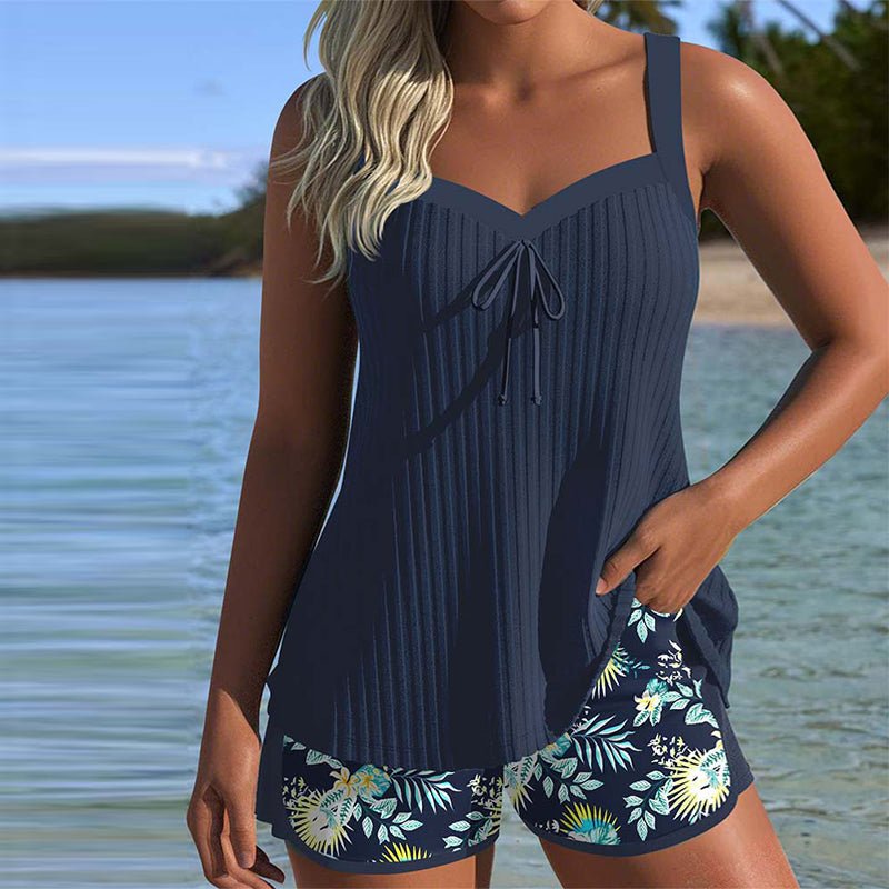 Damen Tankini-Set Gerippte Front | Blumenmuster Front