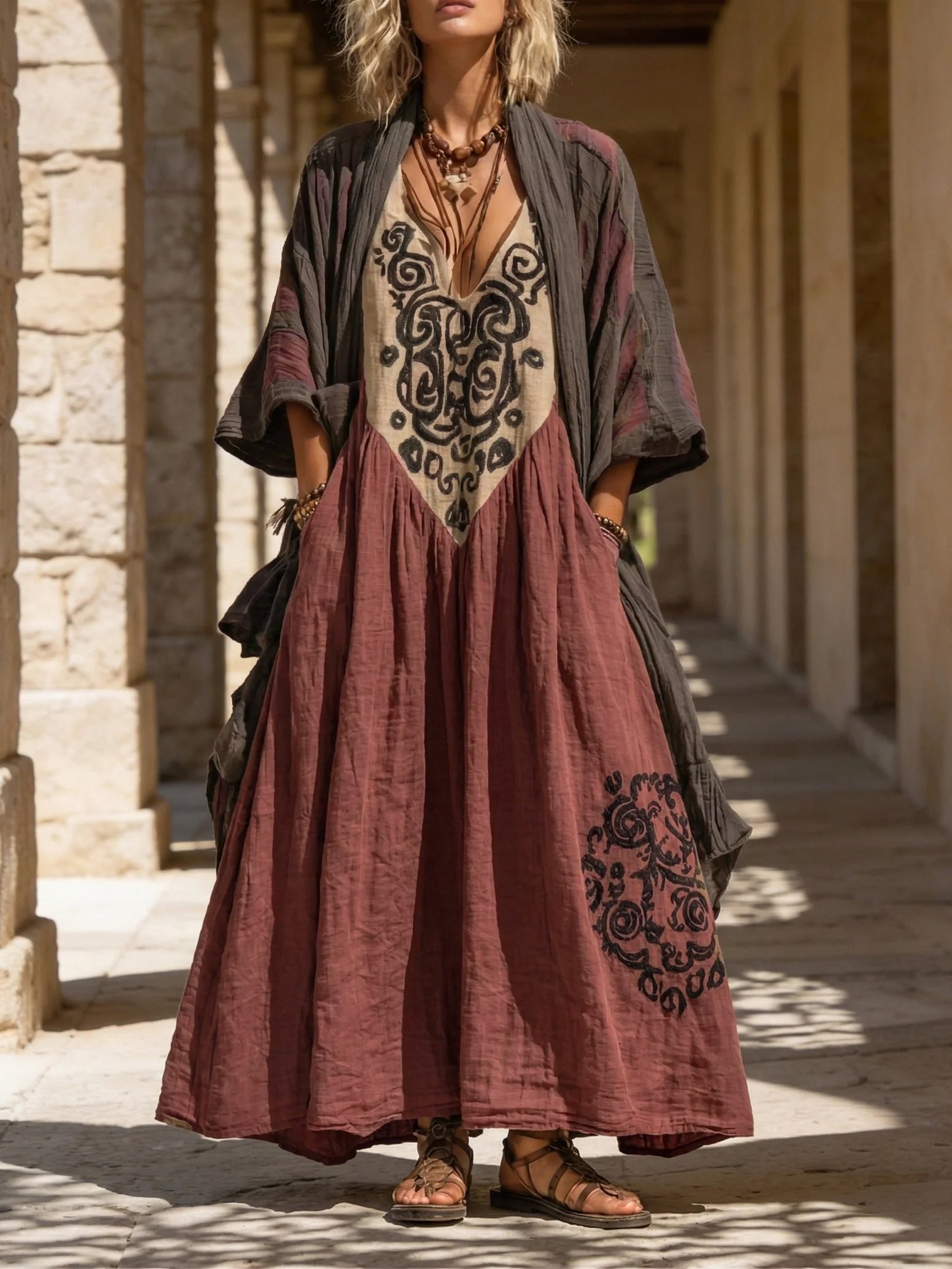 Damen Zweiteiler Paisley-Stickerei | Baumwolle-Leinen Back