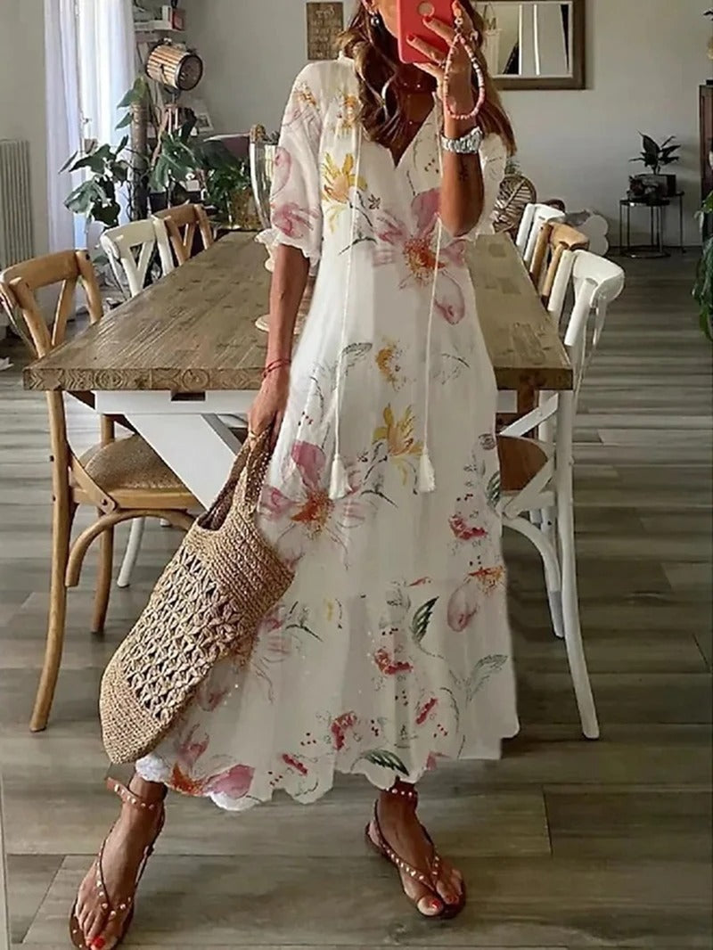 Damen Sommerkleider Blumenmuster V-Ausschnitt