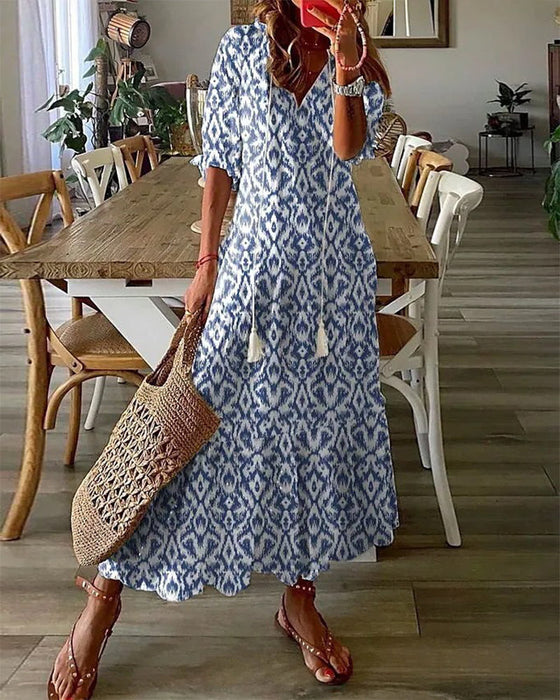 Langes Maxikleid Damen V-Ausschnitt Print