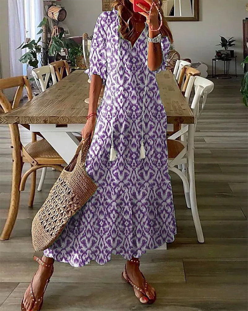 Langes Maxikleid Damen V-Ausschnitt Print