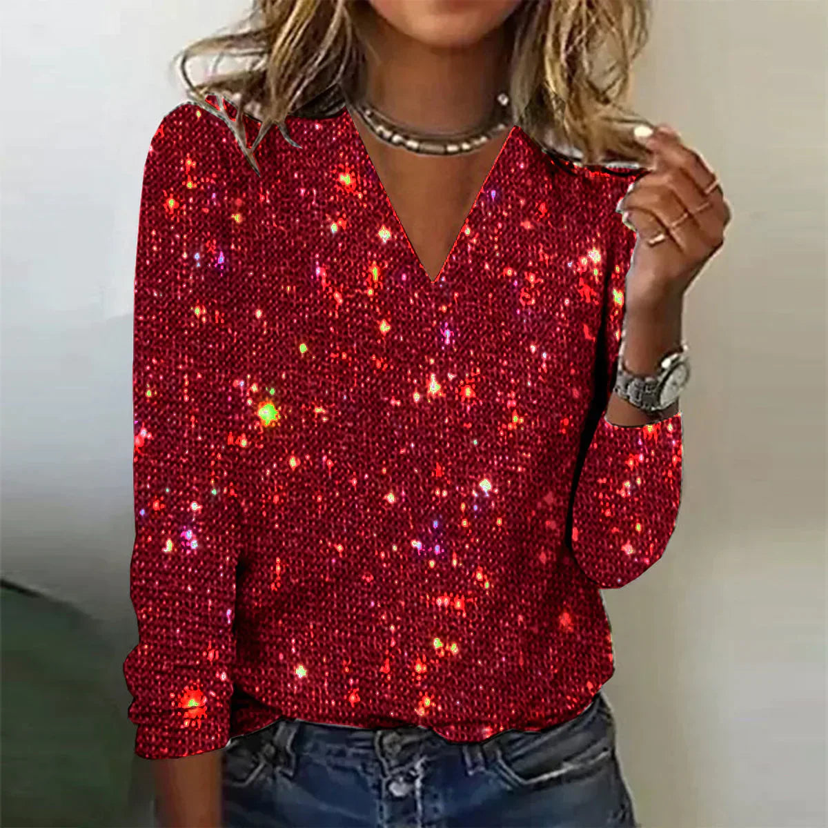 Pullover Damen mit V-Ausschnitt Pailletten