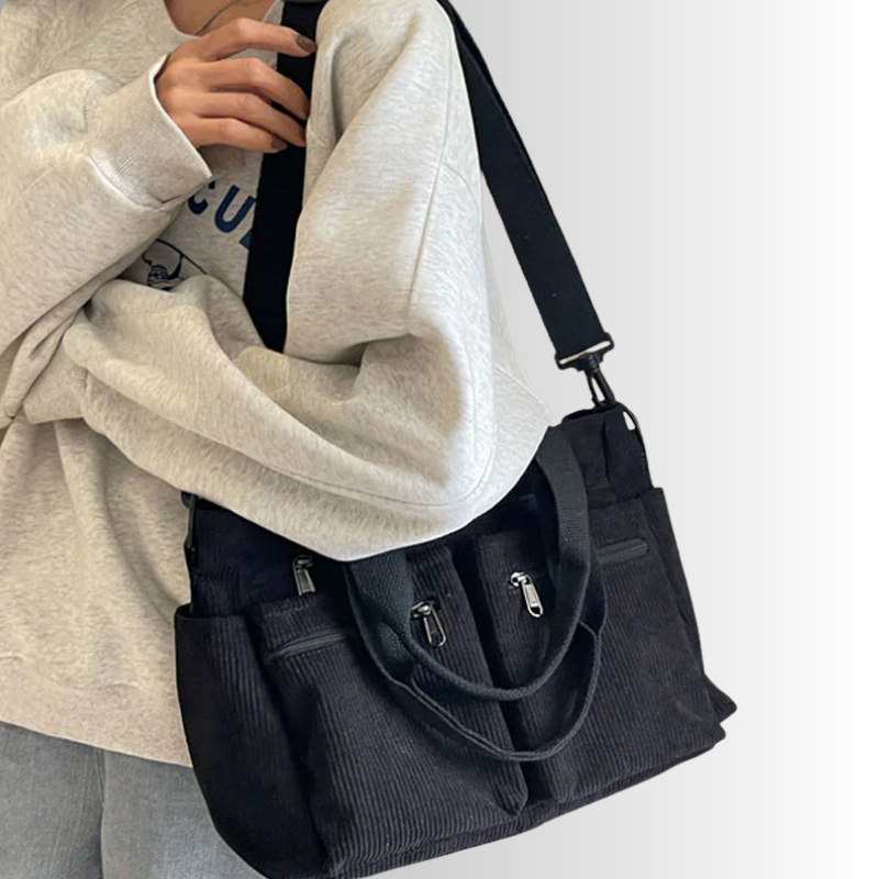 Stilvolles Schultertasche Cord mit Reißverschlusstaschen – Ansicht 11