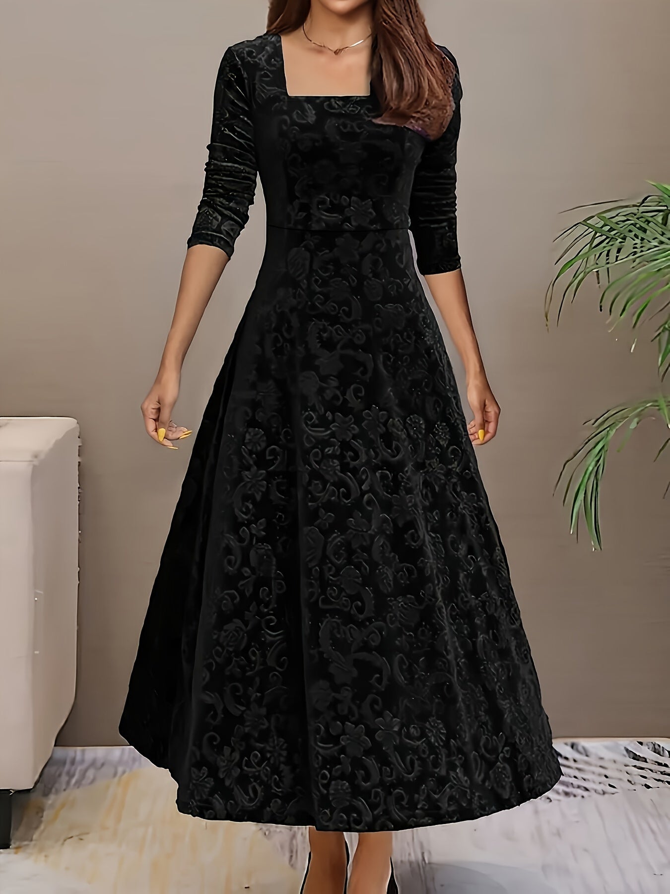 Drei Viertel-Arm Samtkleid Damen floral