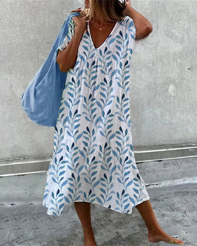 Sommerkleid Damen V-Ausschnitt Blätterdruck – Ansicht 4