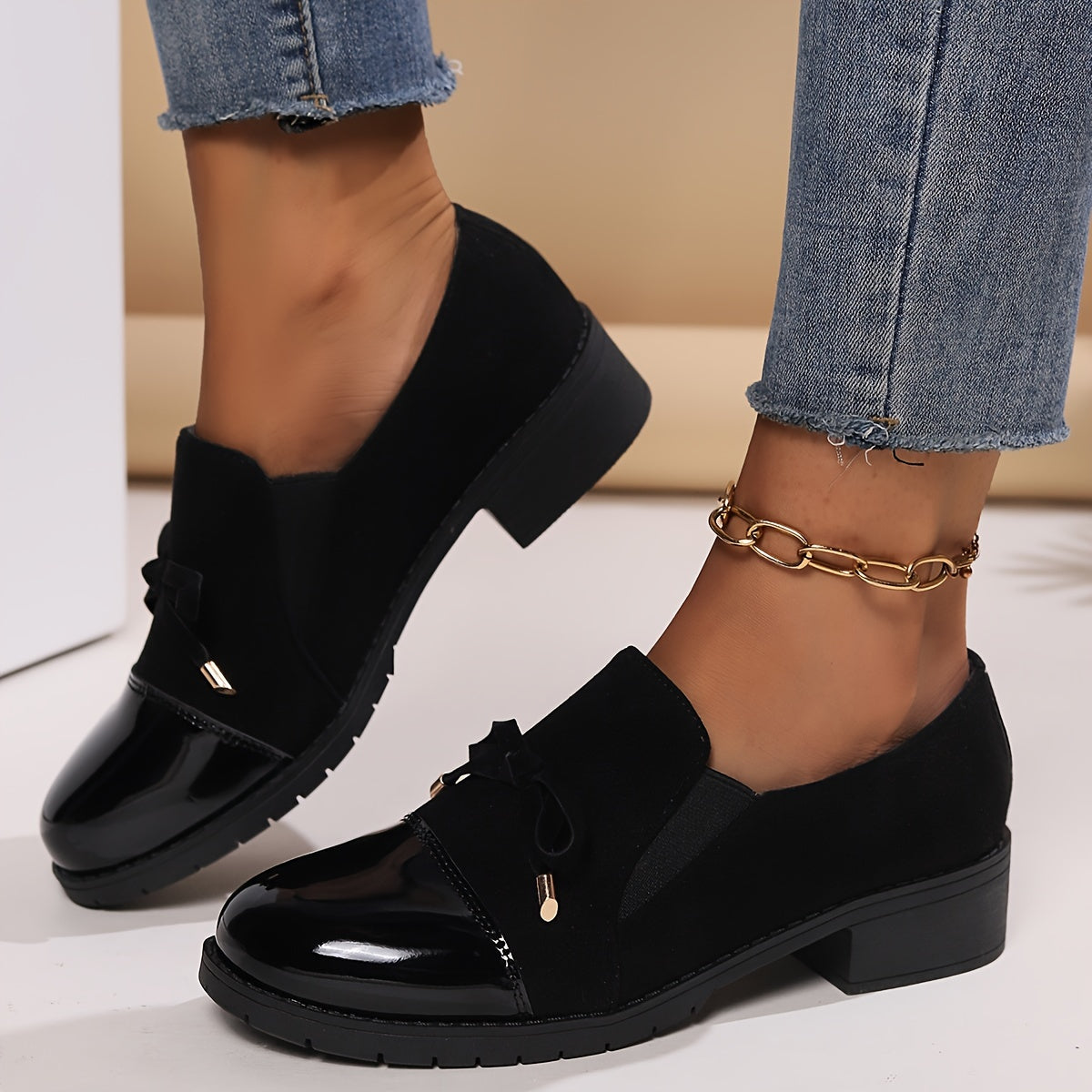 Damen Loafers mit Schleife Blockabsatz