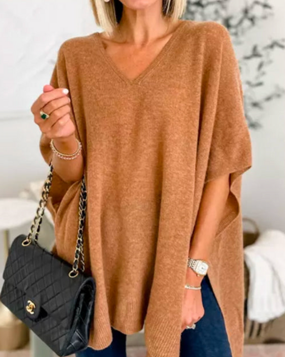 Poncho Pullover | Strickpullover V Ausschnitt Lockerer Schnitt