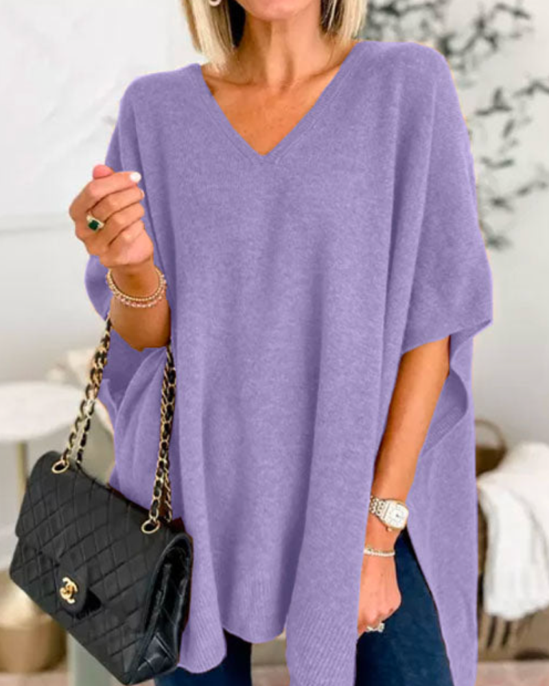 Poncho Pullover | Strickpullover V Ausschnitt Lockerer Schnitt
