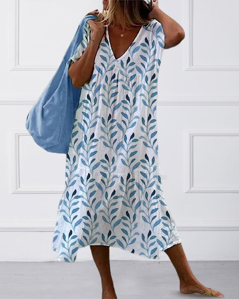 Sommerkleid Damen V-Ausschnitt Blätterdruck – Ansicht 3