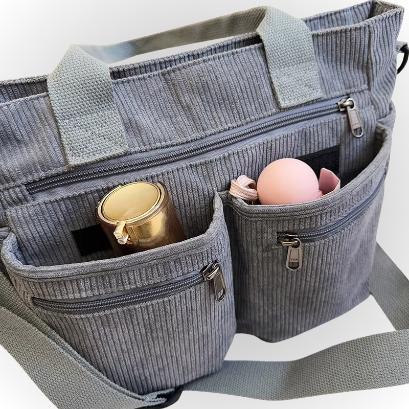 Stilvolles Schultertasche Cord mit Reißverschlusstaschen – Ansicht 13