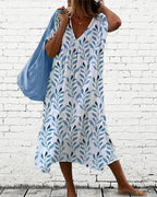 Sommerkleid Damen V-Ausschnitt Blätterdruck