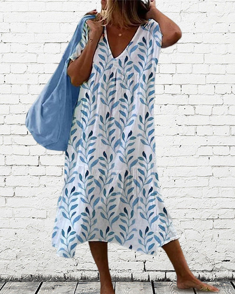 Sommerkleid Damen V-Ausschnitt Blätterdruck