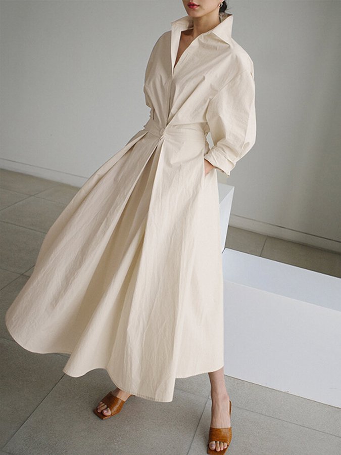 Stilvolles Damen Maxikleid langarm mit Hemdkragen – Ansicht 3
