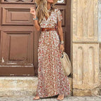 Maxikleid Damen Boho Blumenmuster V-Ausschnitt