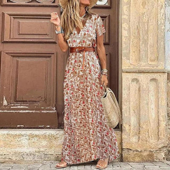 Maxikleid Damen Boho Blumenmuster V-Ausschnitt