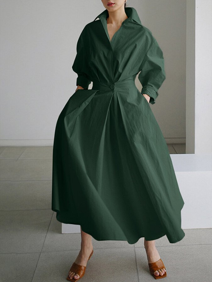 Stilvolles Damen Maxikleid langarm mit Hemdkragen