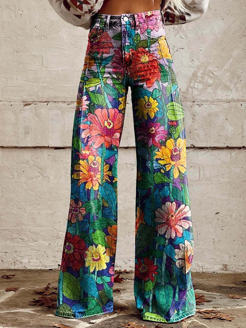 Damen-Baggy-Jeans lang mit Blumenprint