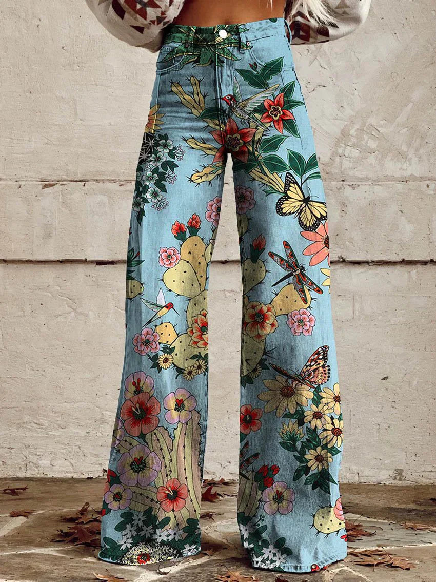 Damen-Baggy-Jeans lang mit Blumenprint