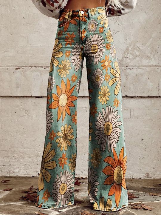 Damen-Baggy-Jeans lang mit Blumenprint