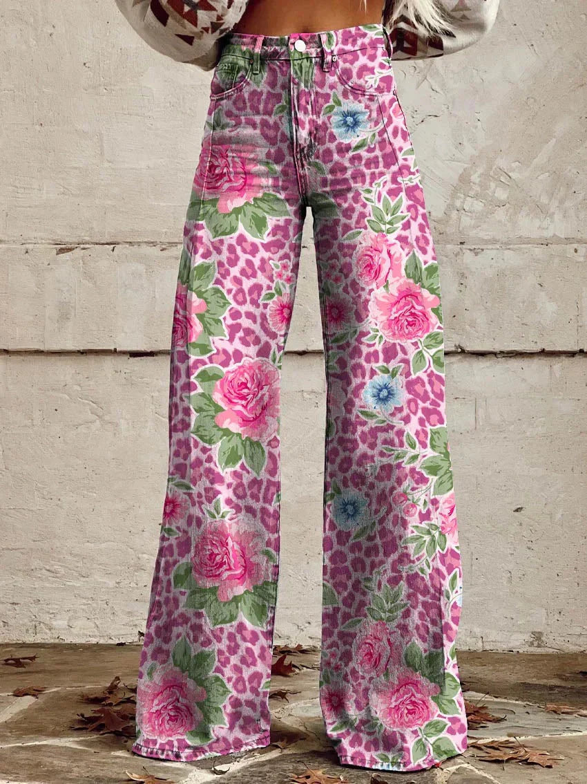 Damen-Baggy-Jeans lang mit Blumenprint