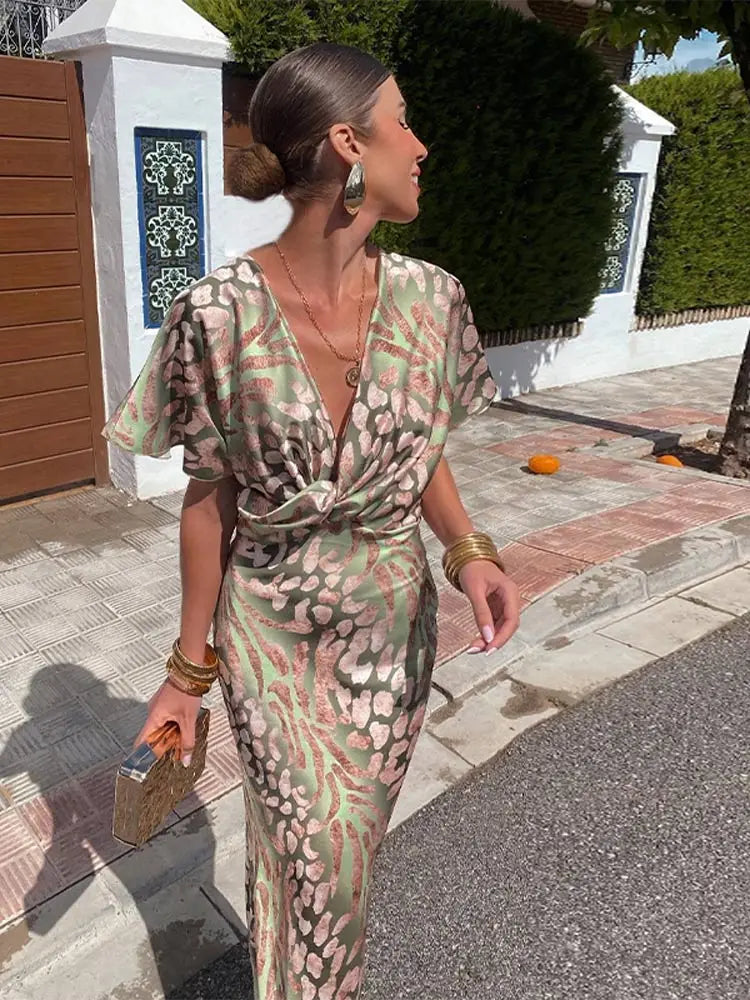 Elegantes Maxikleid Damen Wickeloptik V-Ausschnitt