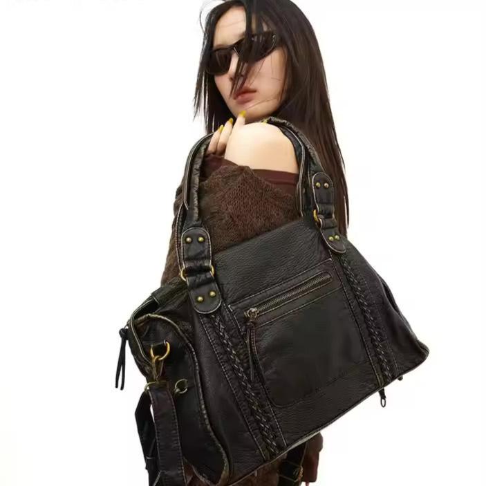Vintage Look Schultertasche Damen mit Reißverschluss – Ansicht 4