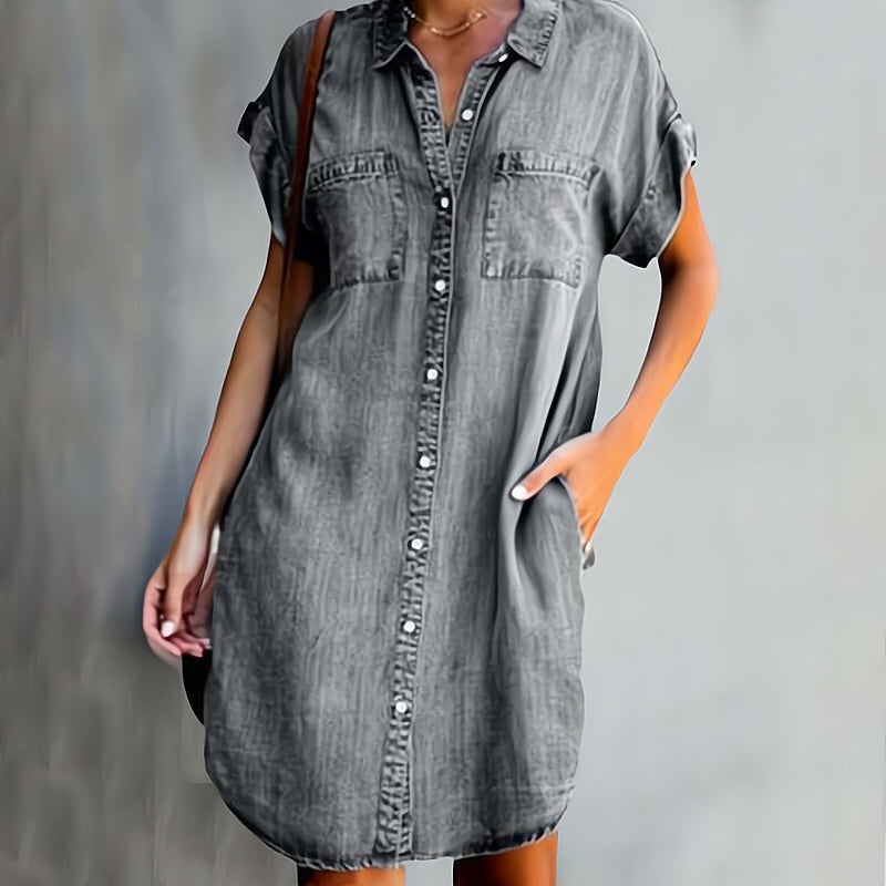 Denim Kleid Damen Kurzarm mit Knopfleiste