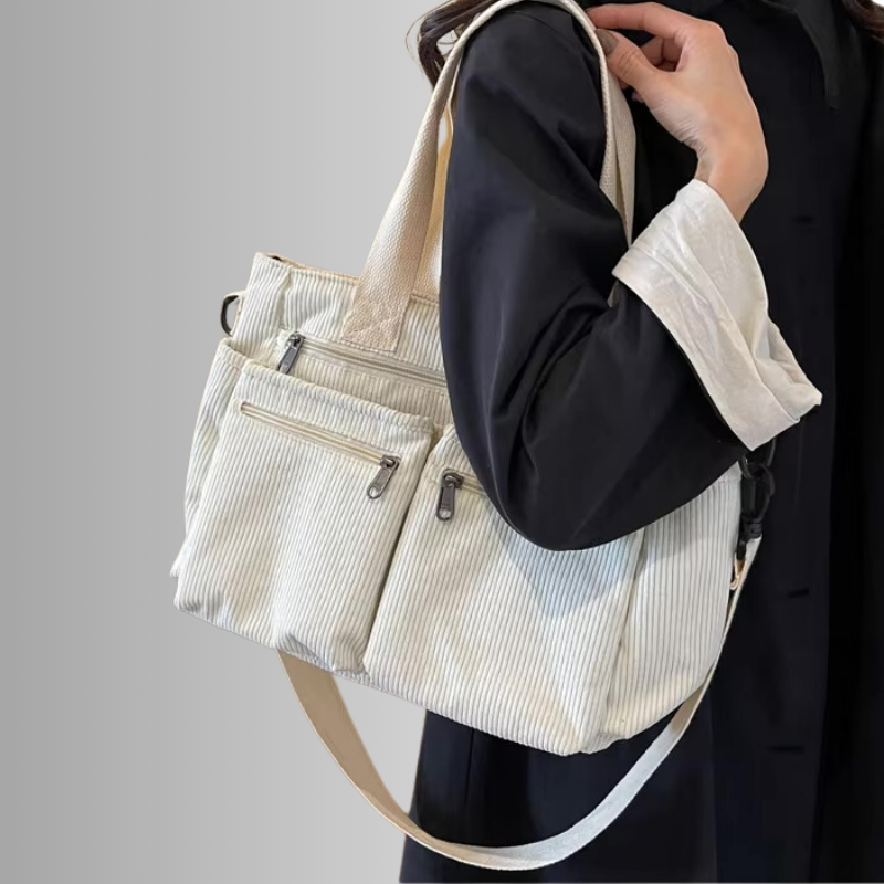 Stilvolles Schultertasche Cord mit Reißverschlusstaschen – Ansicht 9