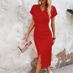 Damen-Hochzeitsgast Kleid Midi V-Ausschnitt mit Schlitz
