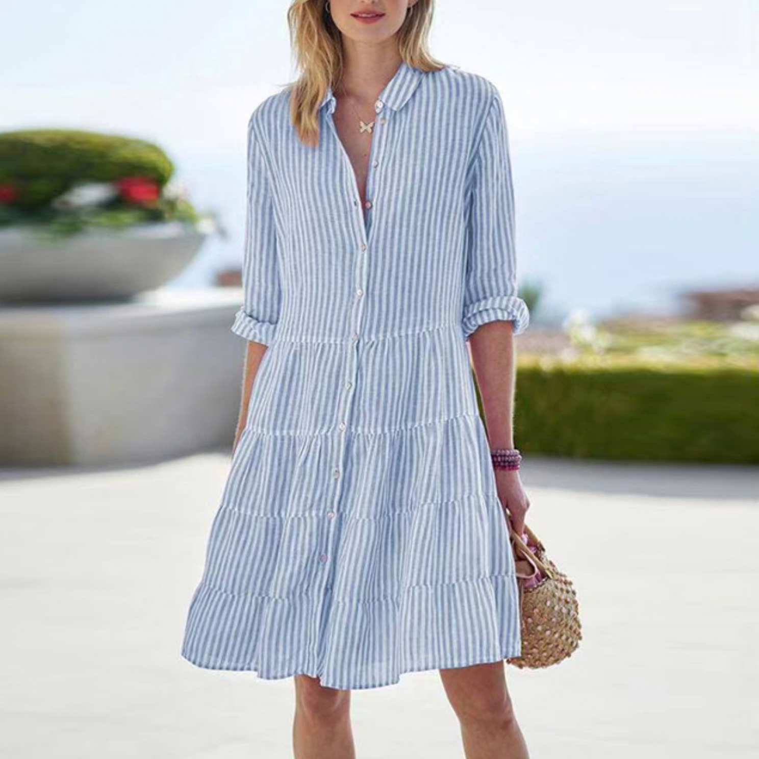 Damen Strandkleid gestreift mit Knopfleiste – Ansicht 5