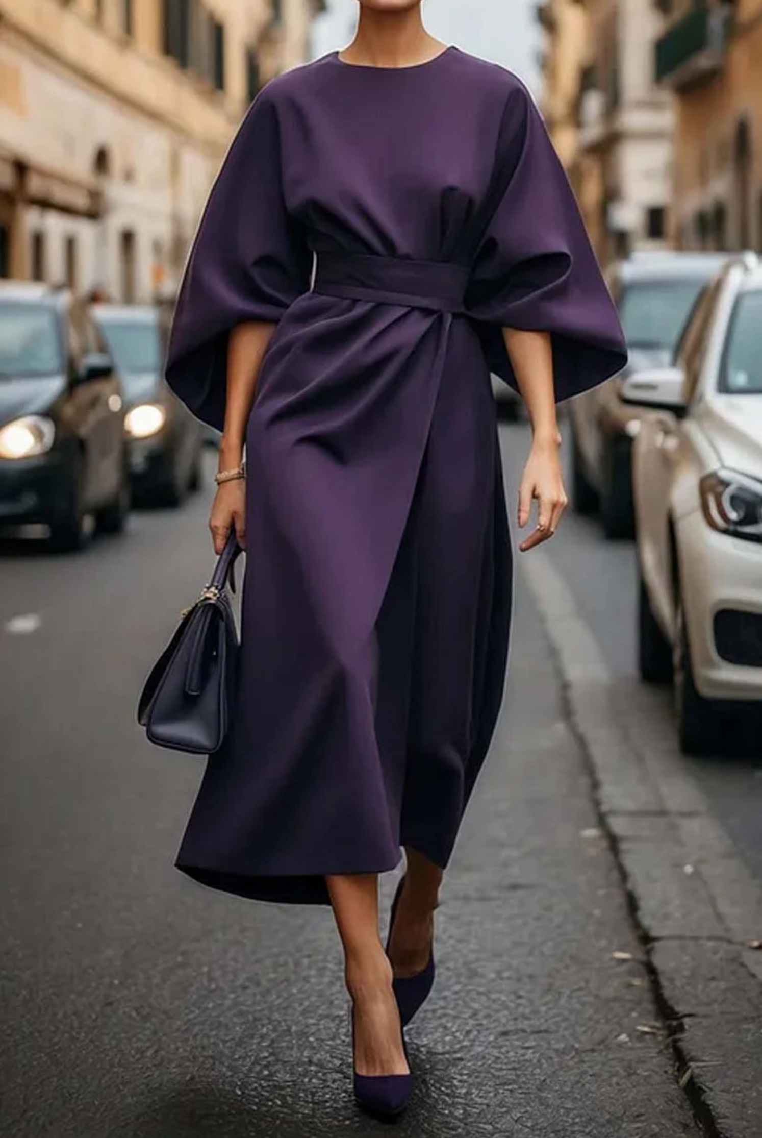Midikleid Damen mit Taillengürtel