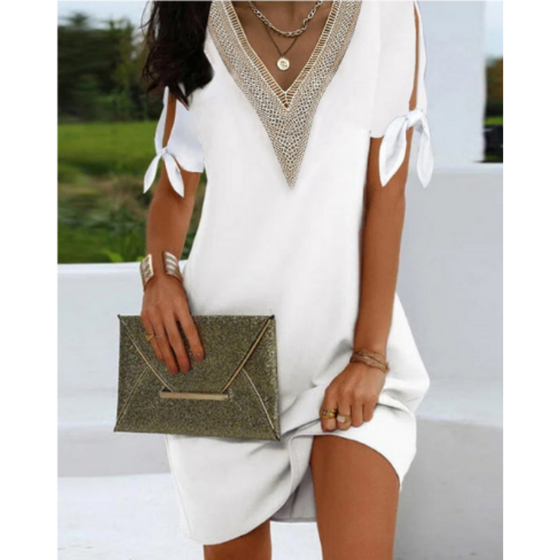 Minikleid Damen Boho V-Ausschnitt Kurzarm