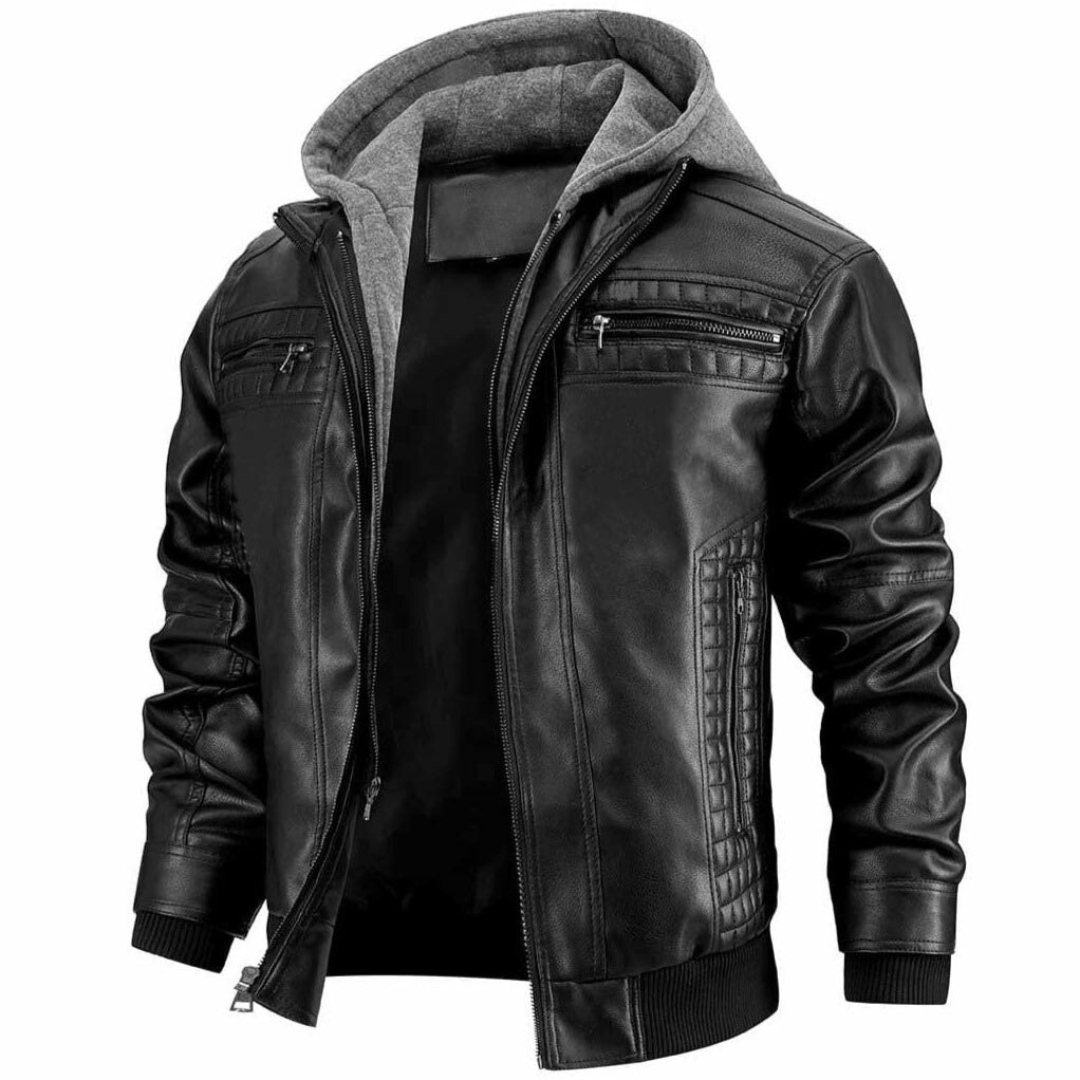 Winterjacke Biker Herren | Jacke Kurz mit Kapuze und Reißverschluss-Details