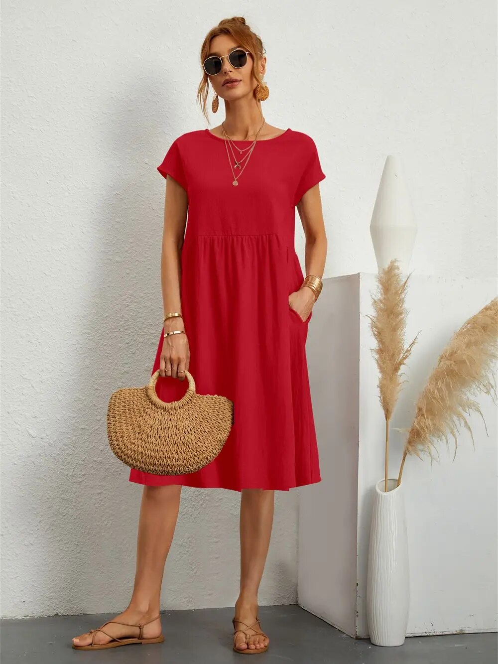 Sommerkleider Damen kurzärmelig mit Taschen
