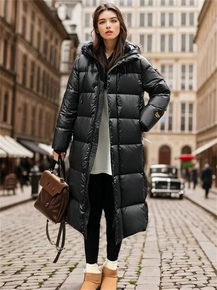 Lange Winter Daunenjacke | Winterjacke Mantel Gesteppt mit Kapuze