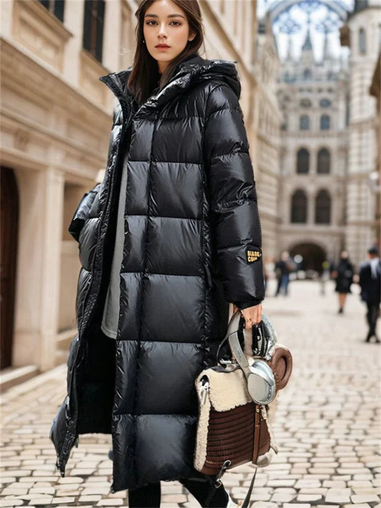 Lange Winter Daunenjacke | Winterjacke Mantel Gesteppt mit Kapuze