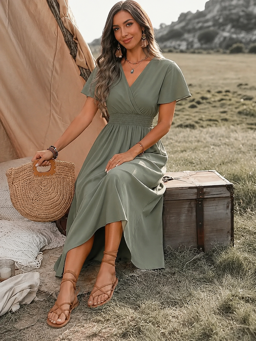 Damen Elegantes V-Ausschnitt Boho Maxi Kleid