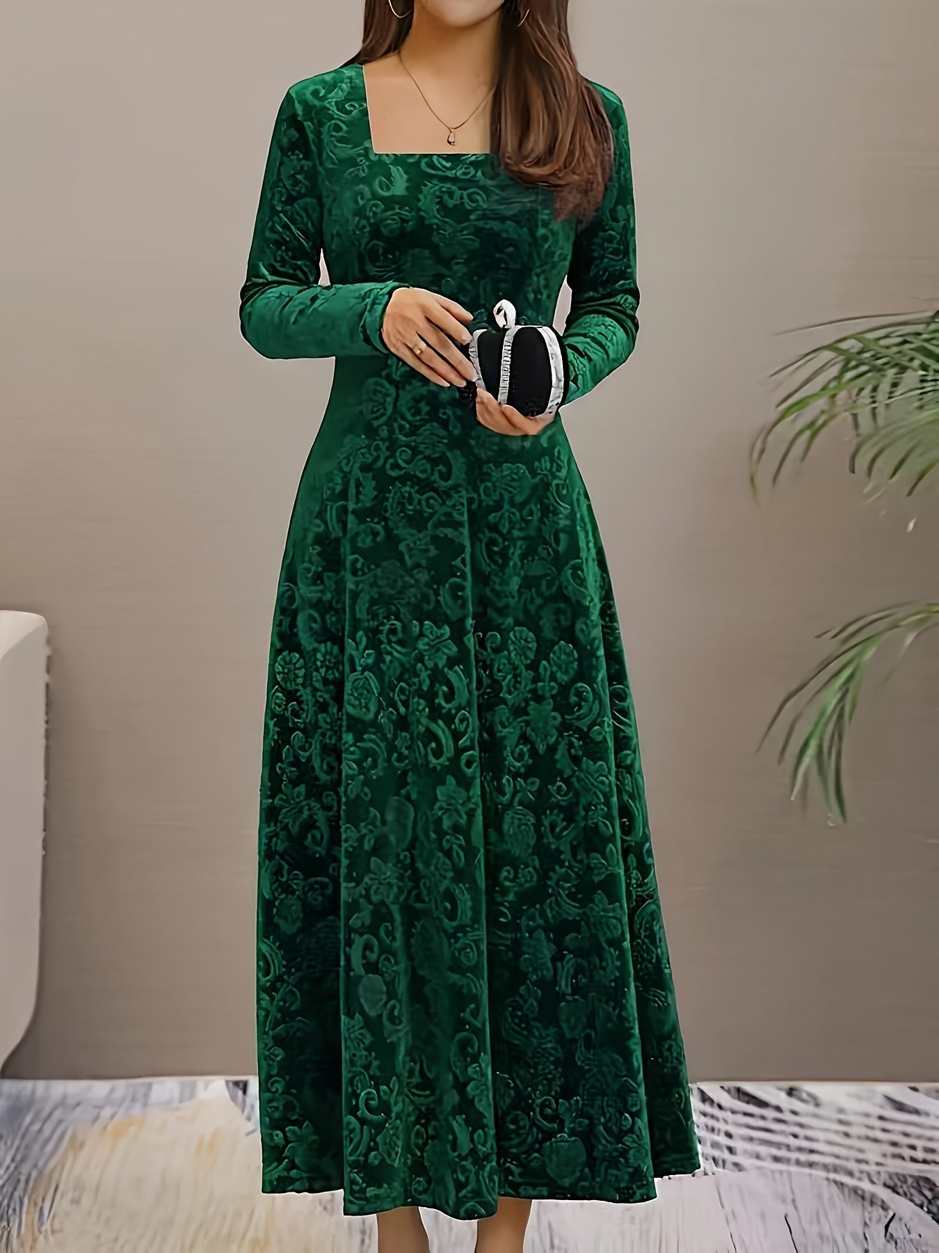 Drei Viertel-Arm Samtkleid Damen floral