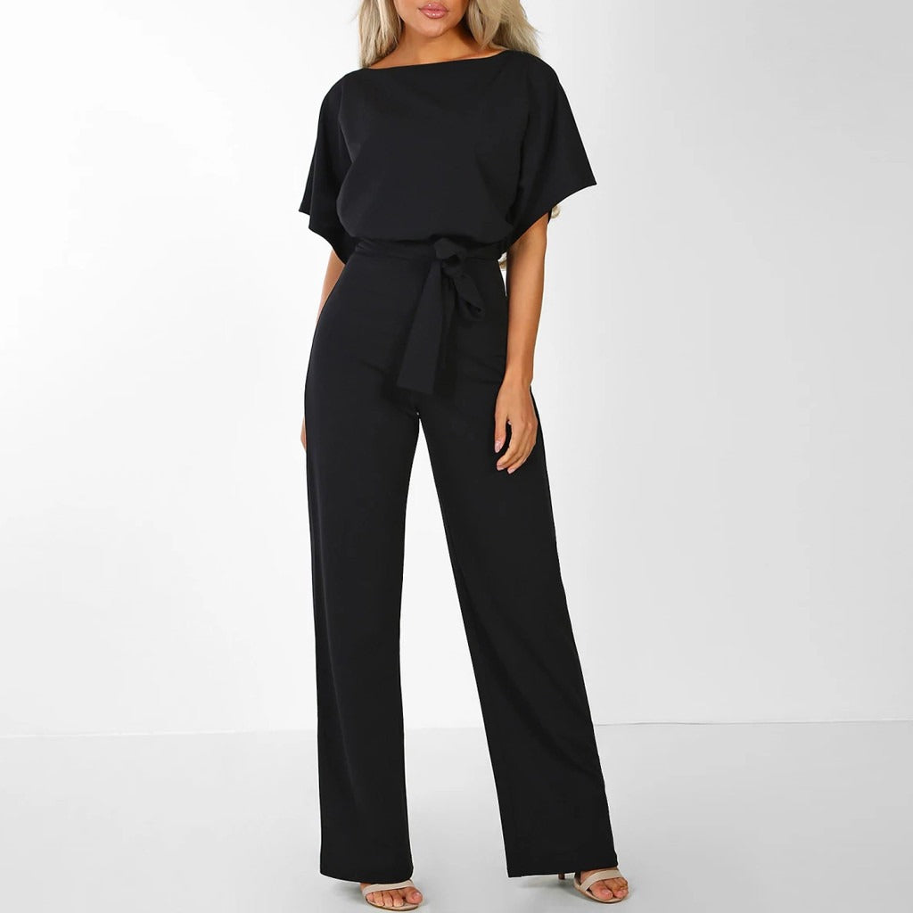 Damen Jumpsuit Kurzarm mit Bindegürtel
