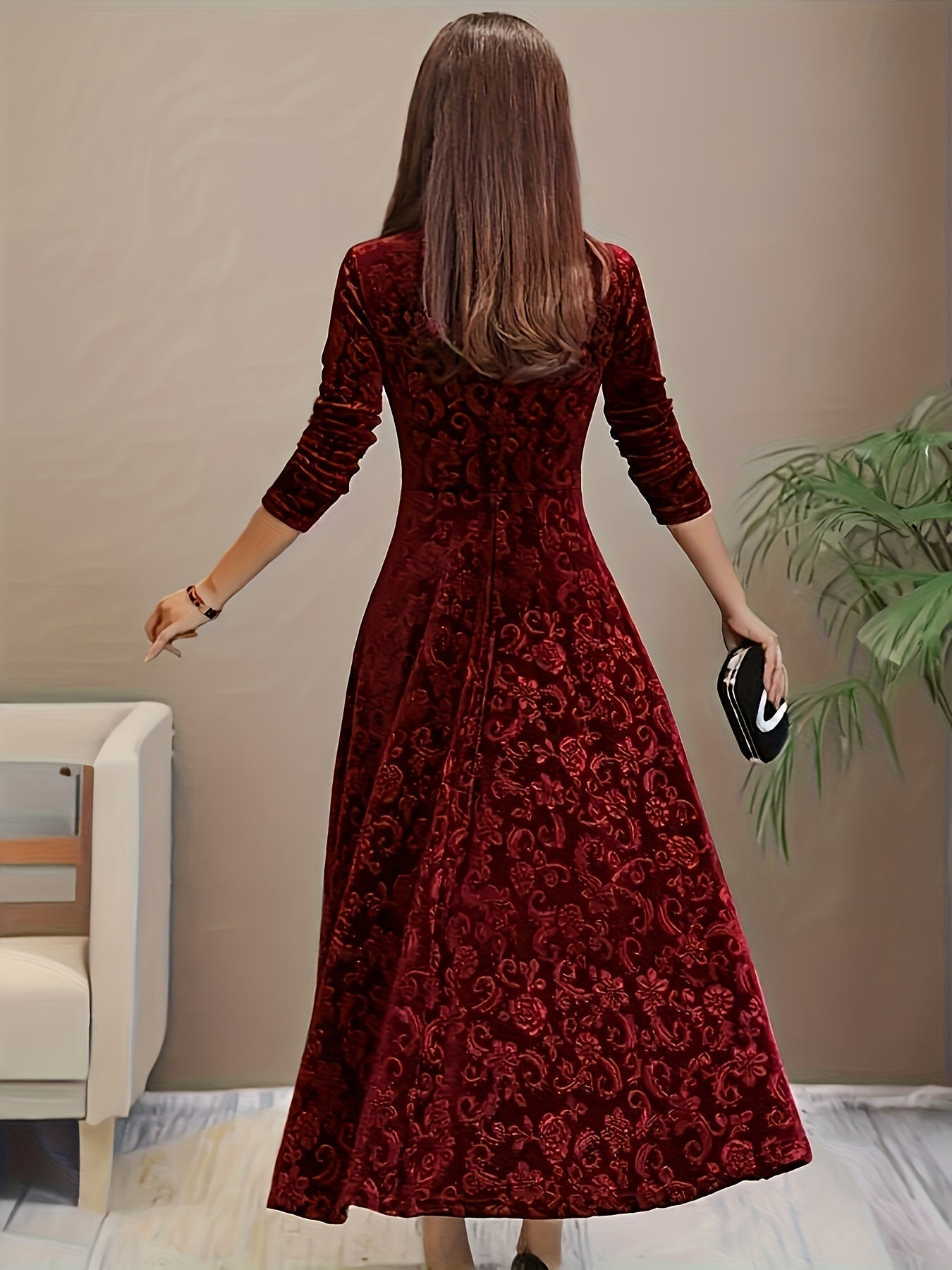 Drei Viertel-Arm Samtkleid Damen floral