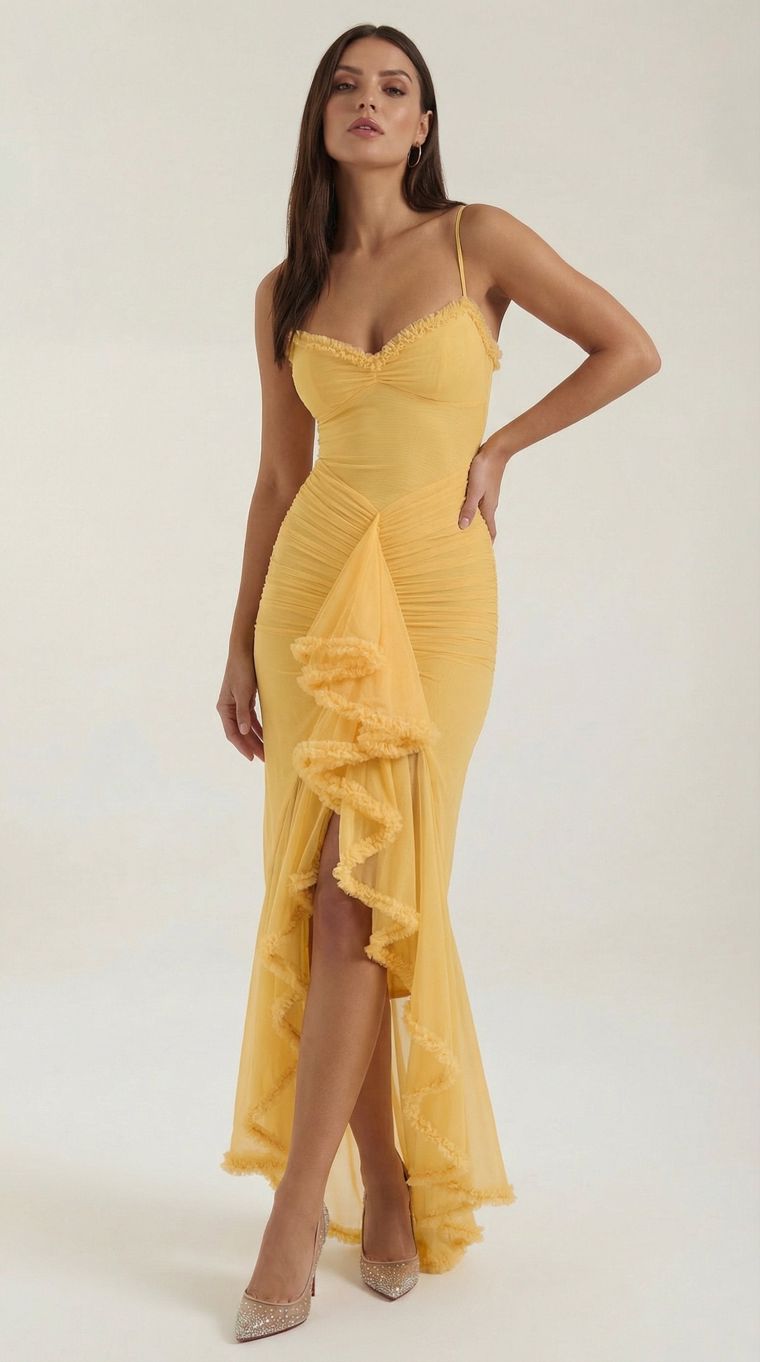 Damen Abendkleid asymmetrische Rüschen | Maxi Hero