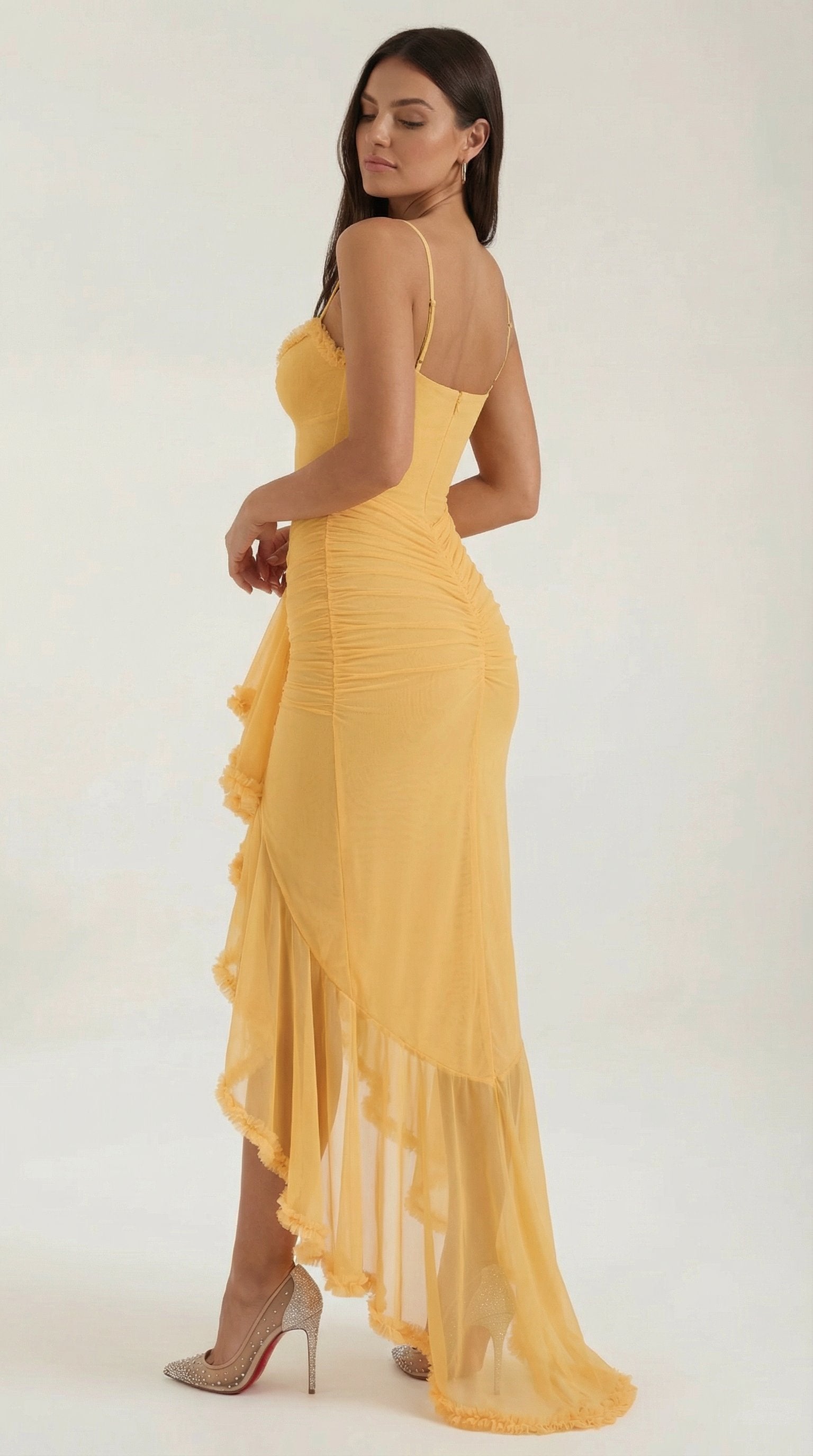 Damen Abendkleid asymmetrische Rüschen | Maxi Side
