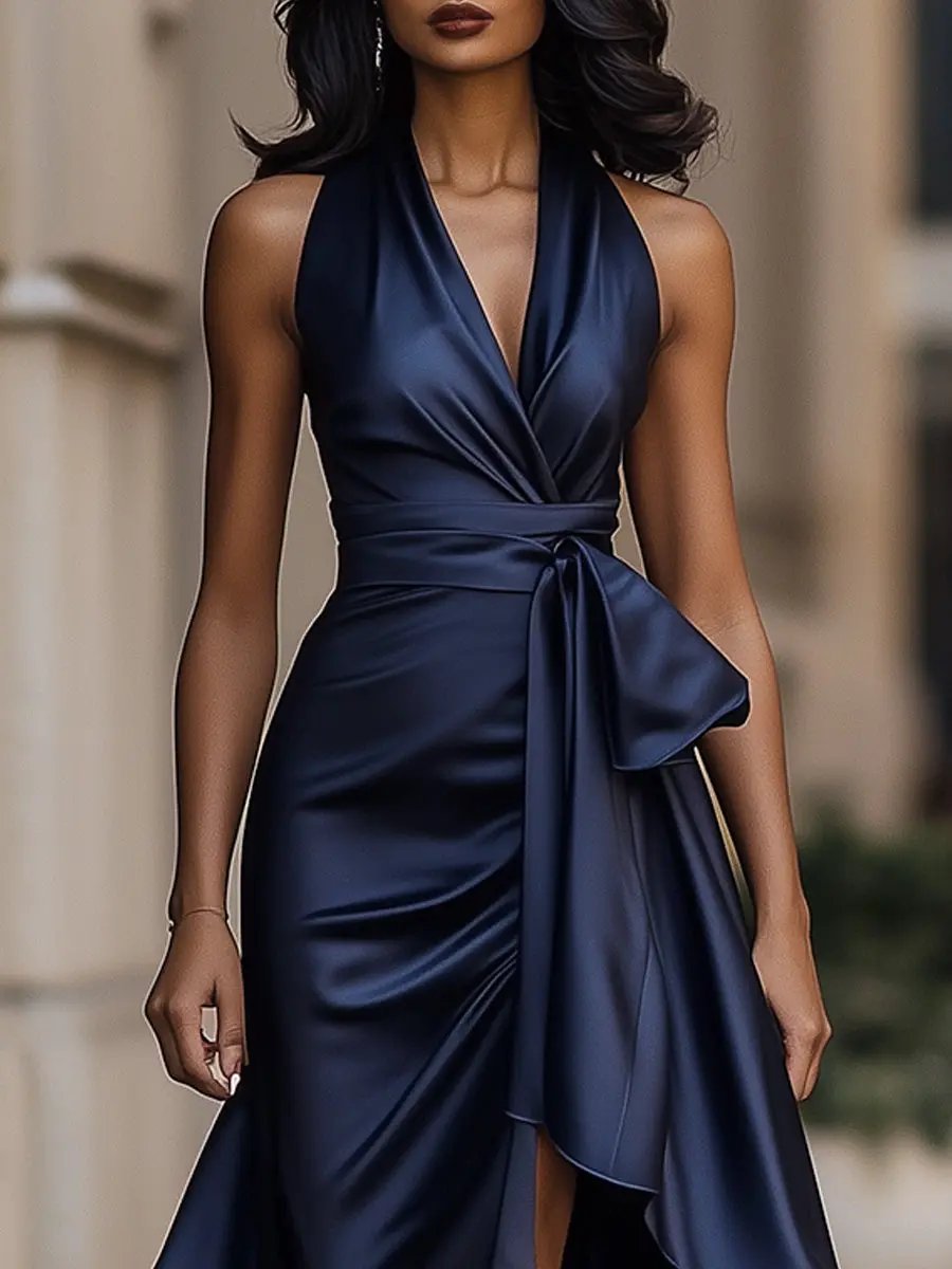 Damen Abendkleid Volant-Saum | Halterneck Detail