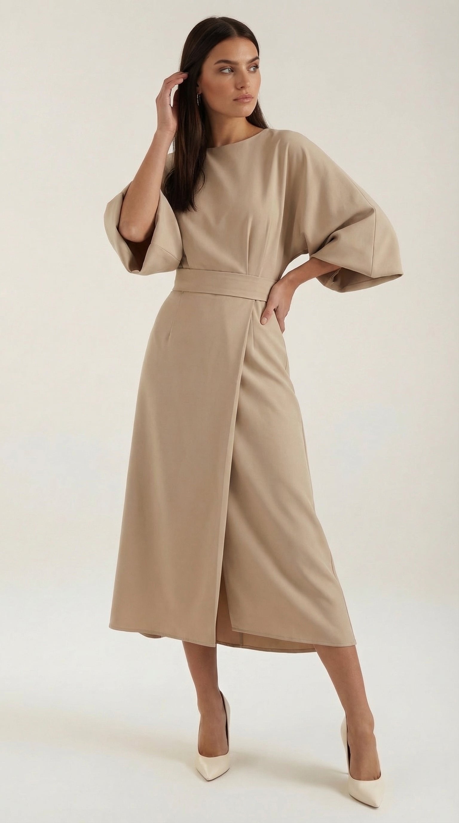 Damen Ballonärmel Midikleid | Taillengürtel Hero