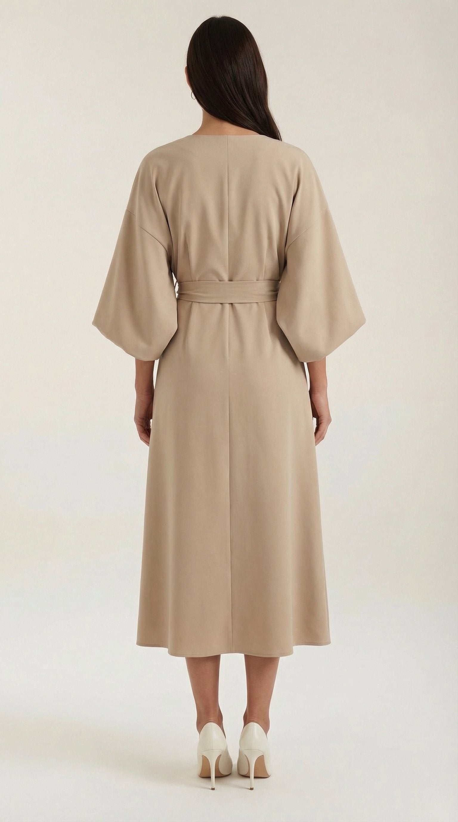 Damen Ballonärmel Midikleid | Taillengürtel Side