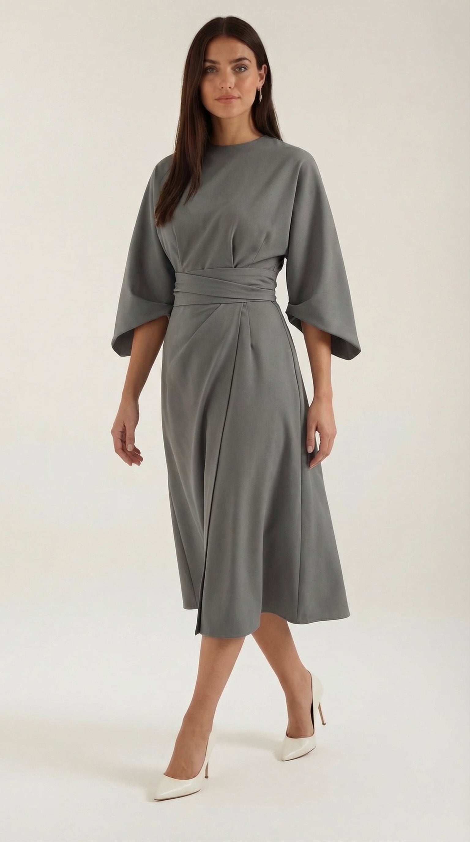 Damen Ballonärmel Midikleid | Taillengürtel View 36