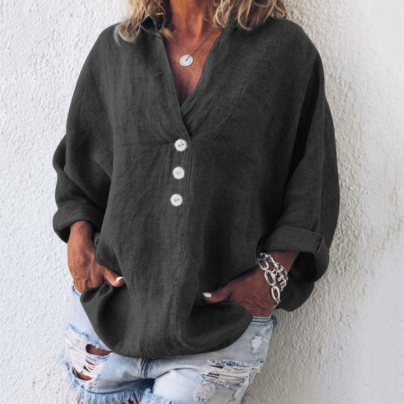 Damen Baumwoll-Leinen-Pullover Asymmetrische Knöpfe | Bequem Detail
