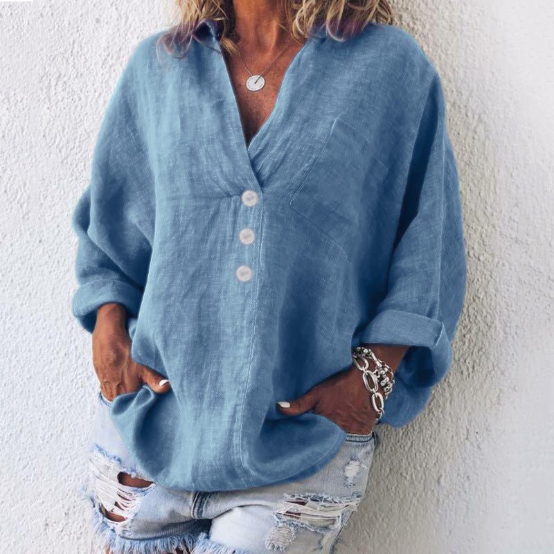 Damen Baumwoll-Leinen-Pullover Asymmetrische Knöpfe | Bequem Front